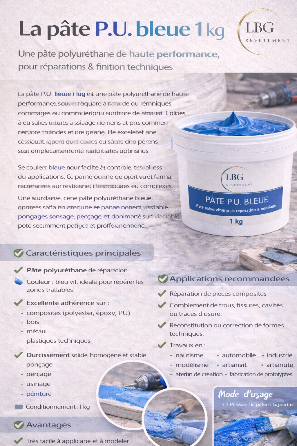 Pâte P.U. bleue 1 kg – Pâte polyuréthane de réparation et modelage lbgrevetement
