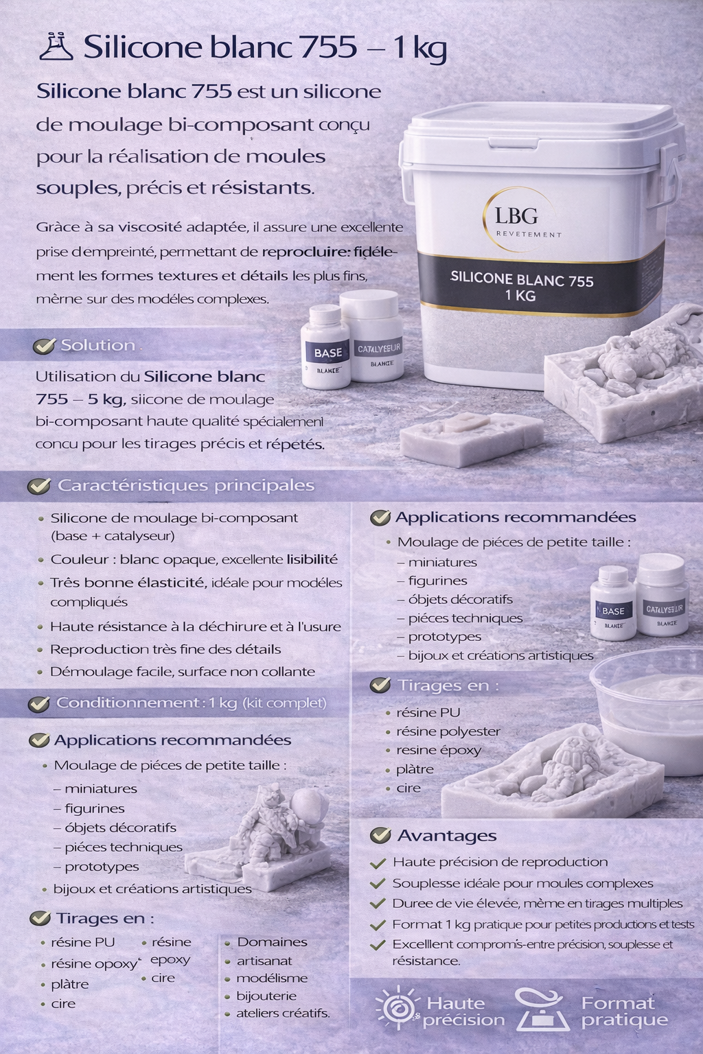 Silicone de moulage blanc 755 – Kit 1 kg haute précision lbgrevetement