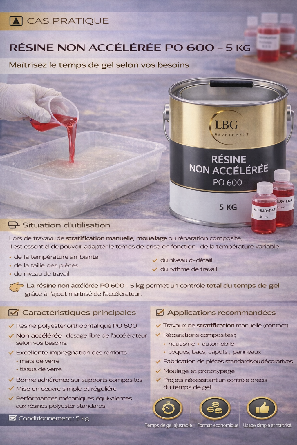 Résine polyester non accélérée PO 600 – Stratification et moulage composite – 5 kg lbgrevetement