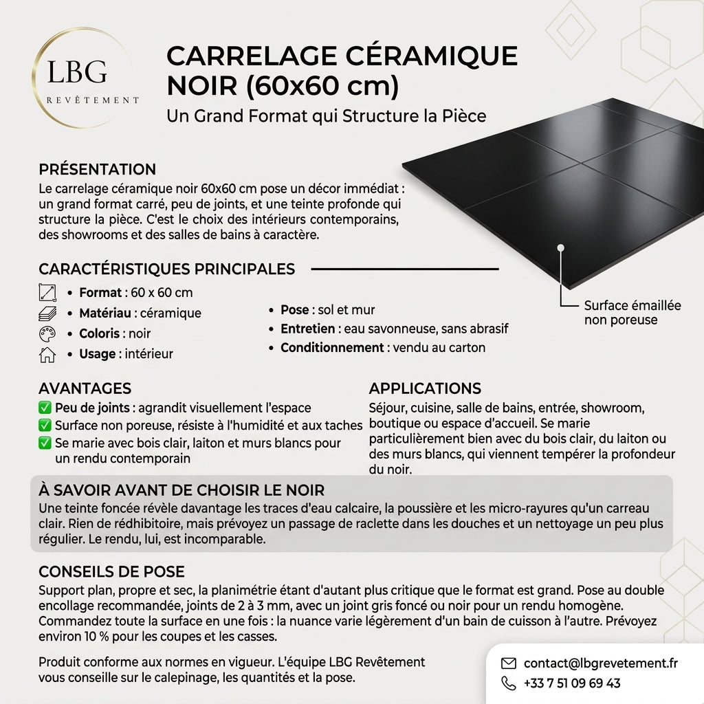 Carrelage Céramique Noir 60x60 cm - Élégance Moderne et Durable lbgrevetement