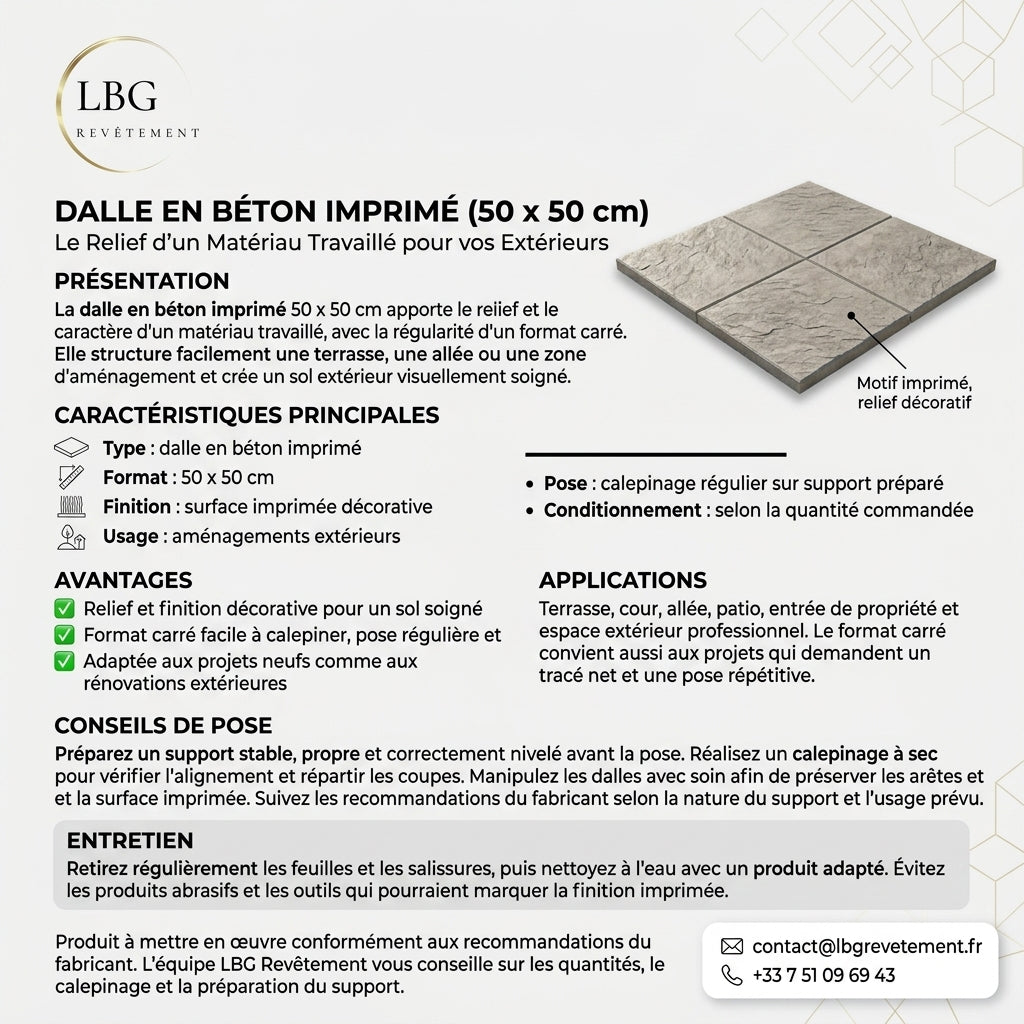 Dalle en Béton Imprimé 50 x 50 cm - Esthétique Élégante et Résistance Durable lbgrevetement