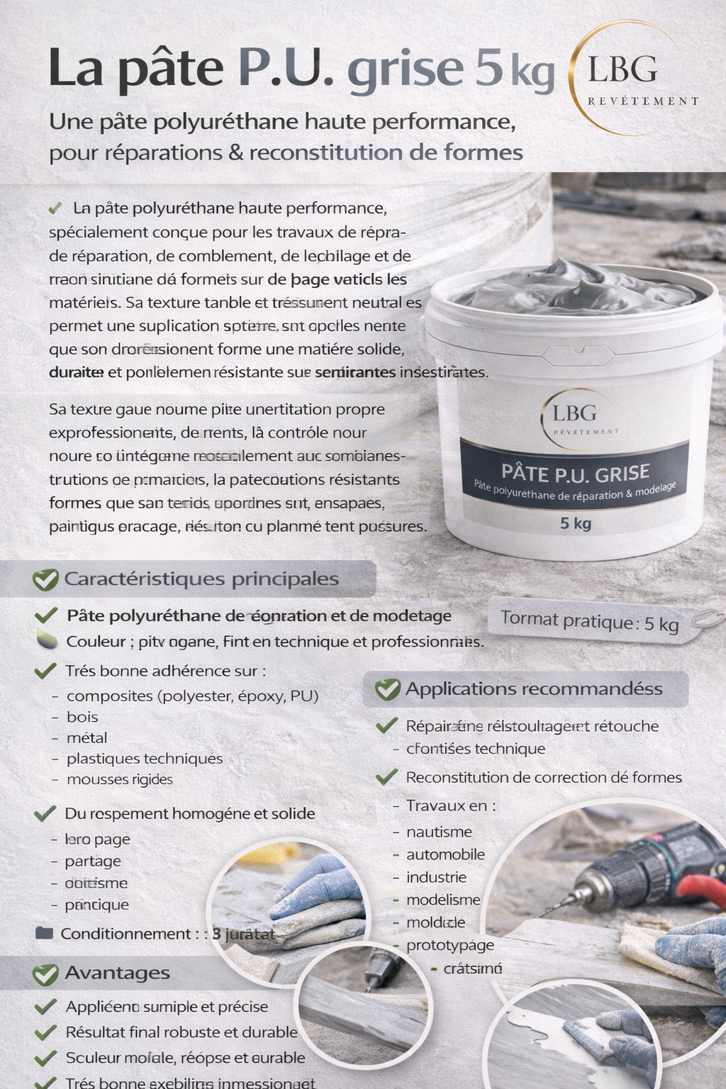 Pâte P.U. grise 5 kg – Pâte polyuréthane de réparation et modelage lbgrevetement
