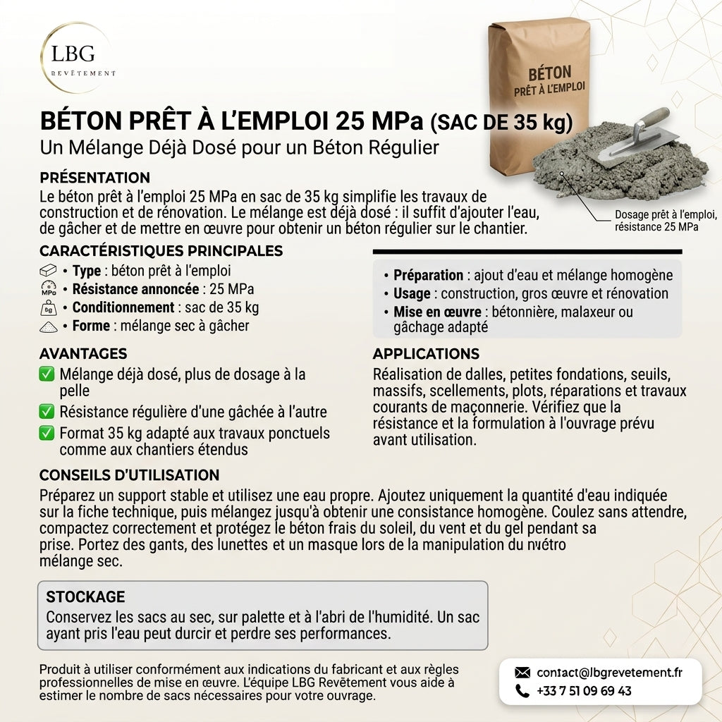 Béton Prêt à l’Emploi 25 MPa 35 kg - Rapidité et Efficacité pour Vos Projets lbgrevetement