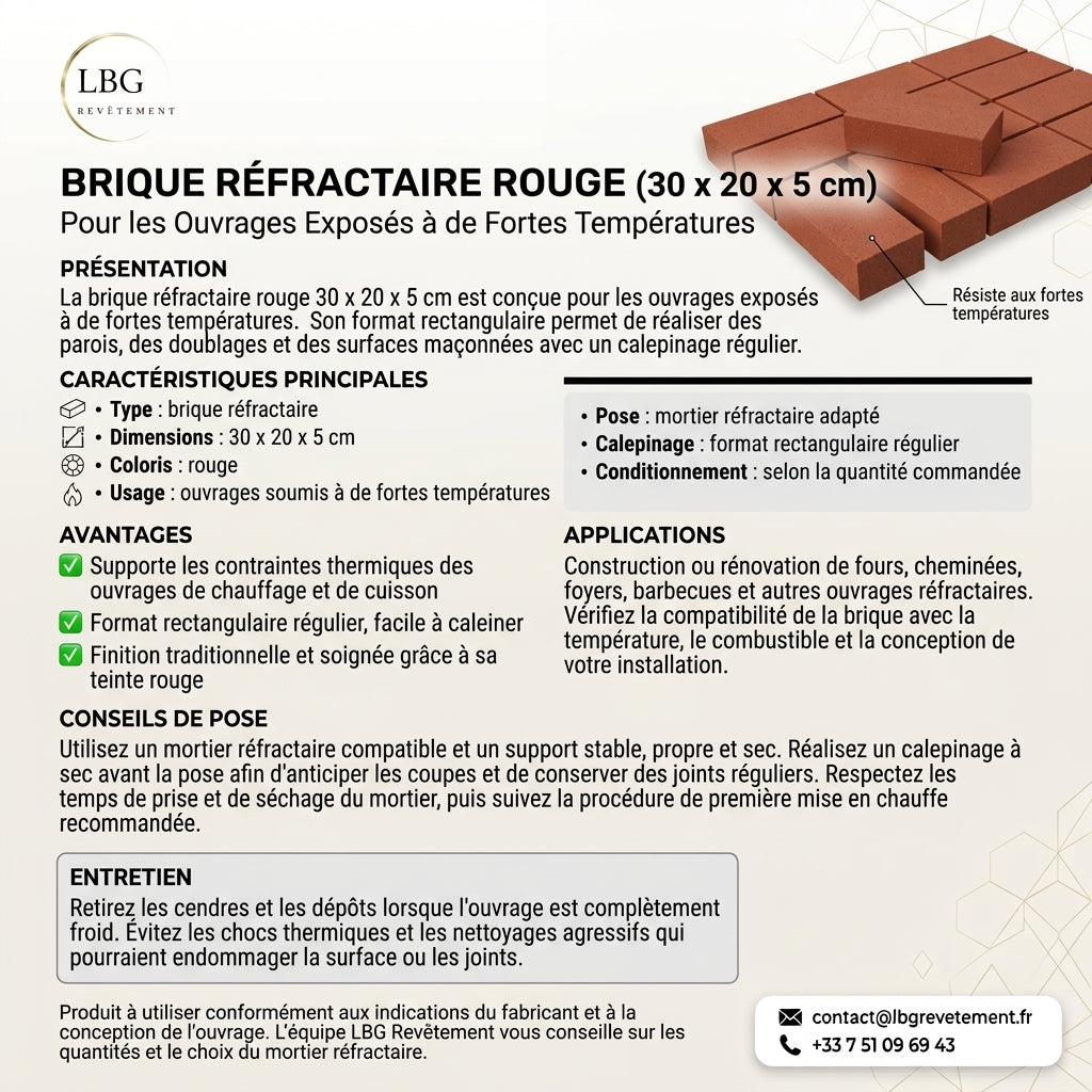 Brique Réfractaire Rouge 30 x 20 x 5 cm - Résistance aux Hautes Températures lbgrevetement