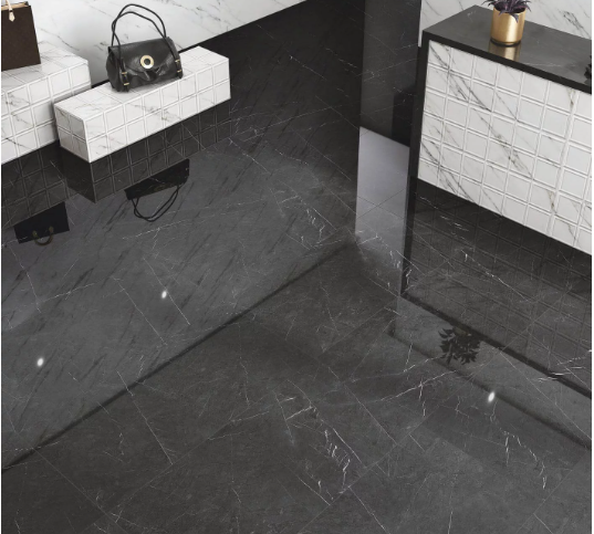 Carrelage sol et mur poli aspect marbre noir Marquina 120x120 cm