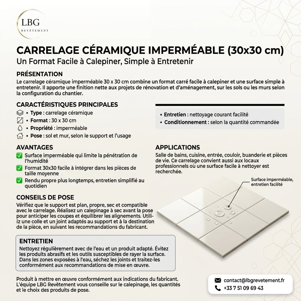Carrelage Céramique Imperméable 30 x 30 cm - Esthétique Durable et Facilité d'Entretien lbgrevetement