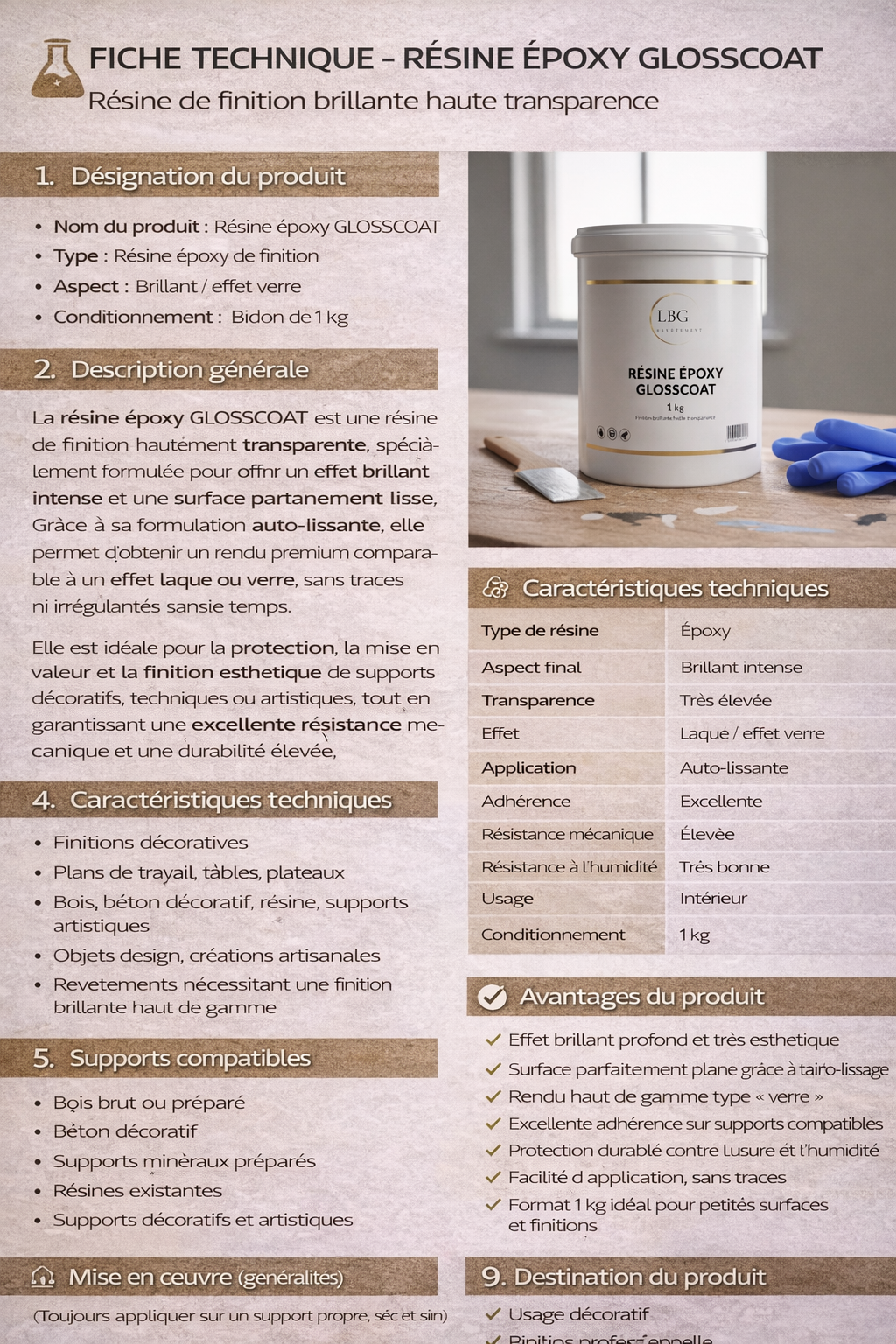 Résine époxy GLOSSCOAT – 1 kg | Finition brillante haute transparence