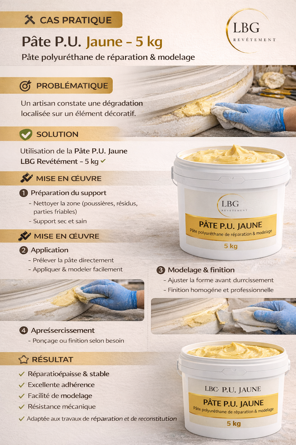 Pâte P.U. jaune 5 kg – Pâte polyuréthane de réparation & modelage lbgrevetement