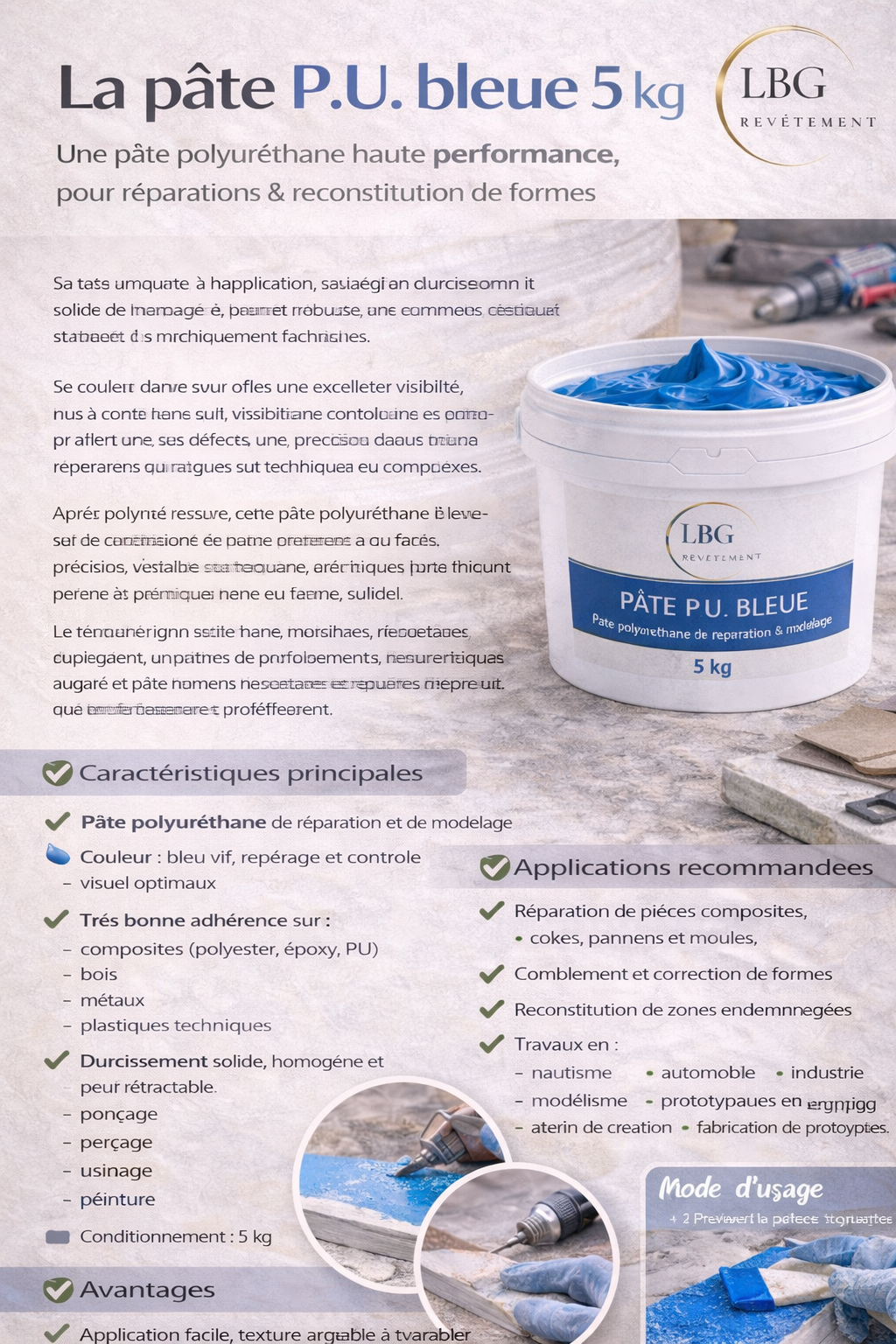 Pâte P.U. bleue 5 kg – Pâte polyuréthane de réparation et modelage