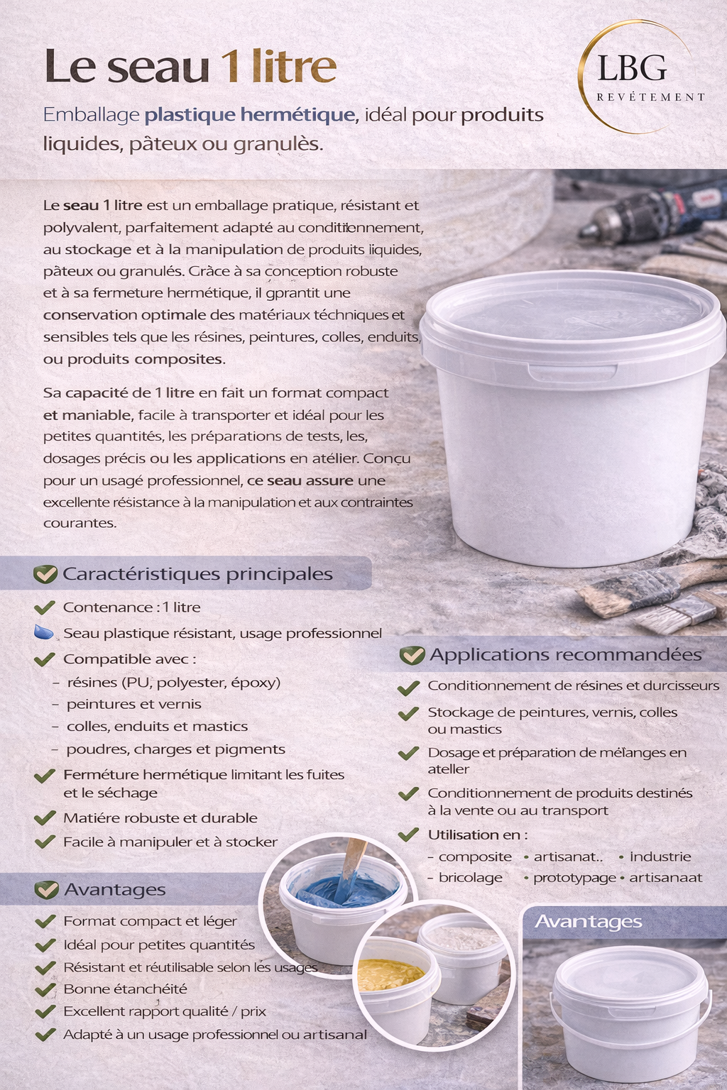 Seau plastique 1 L – Emballage résistant pour résines, peintures et colles lbgrevetement