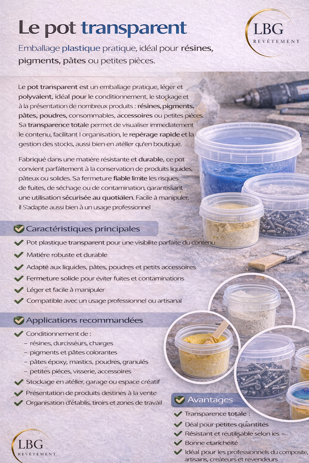 Pot plastique transparent – Emballage polyvalent pour résines et pigments