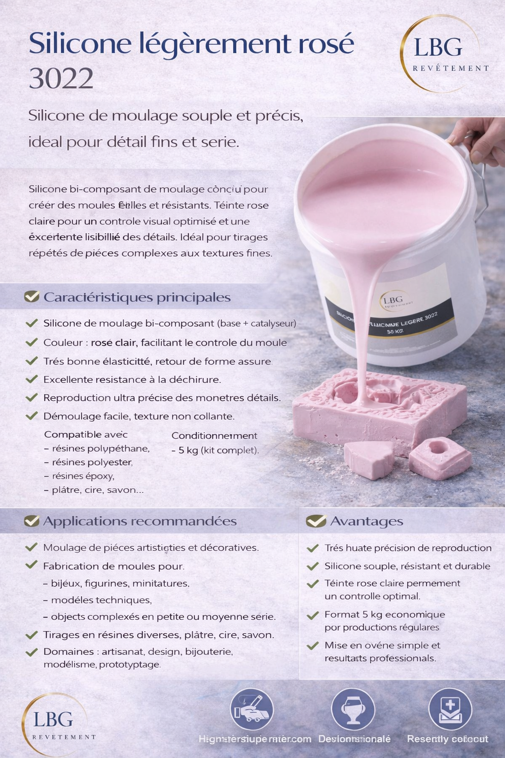Silicone de moulage rosé 3022 – Kit 5 kg haute précision lbgrevetement