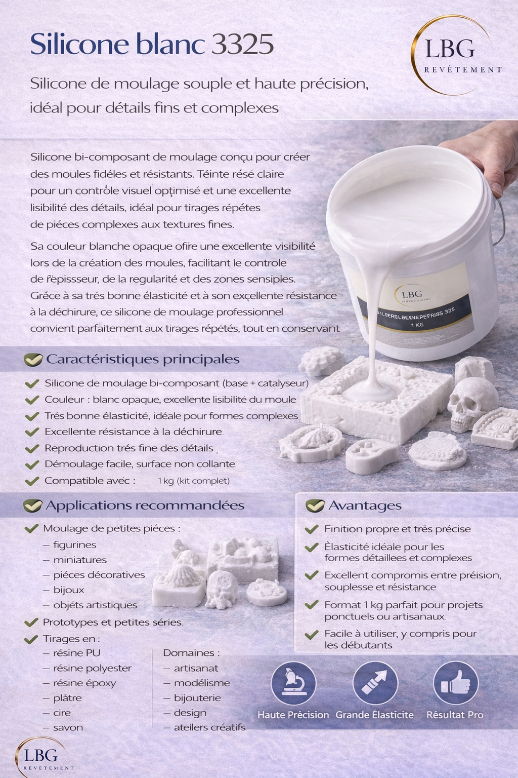 Silicone de moulage blanc 3325 – Kit 1 kg haute précision lbgrevetement