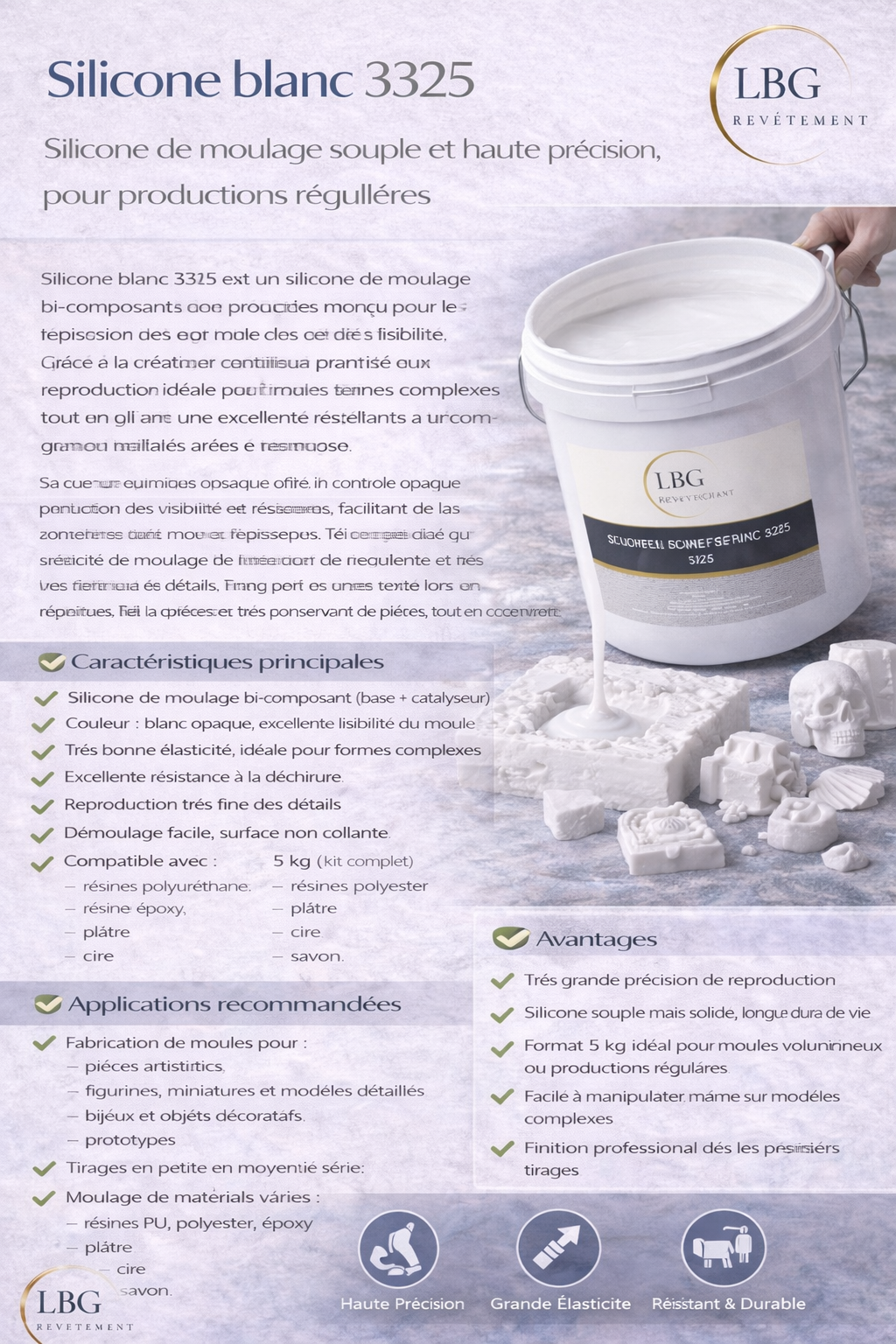 Silicone de moulage blanc 3325 – Kit 5 kg haute précision lbgrevetement