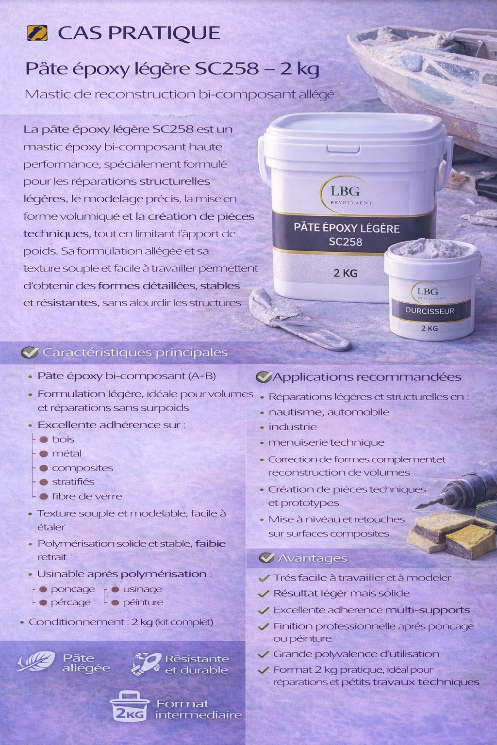 Pâte époxy légère SC258 – Mastic époxy bi-composant 2 kg lbgrevetement