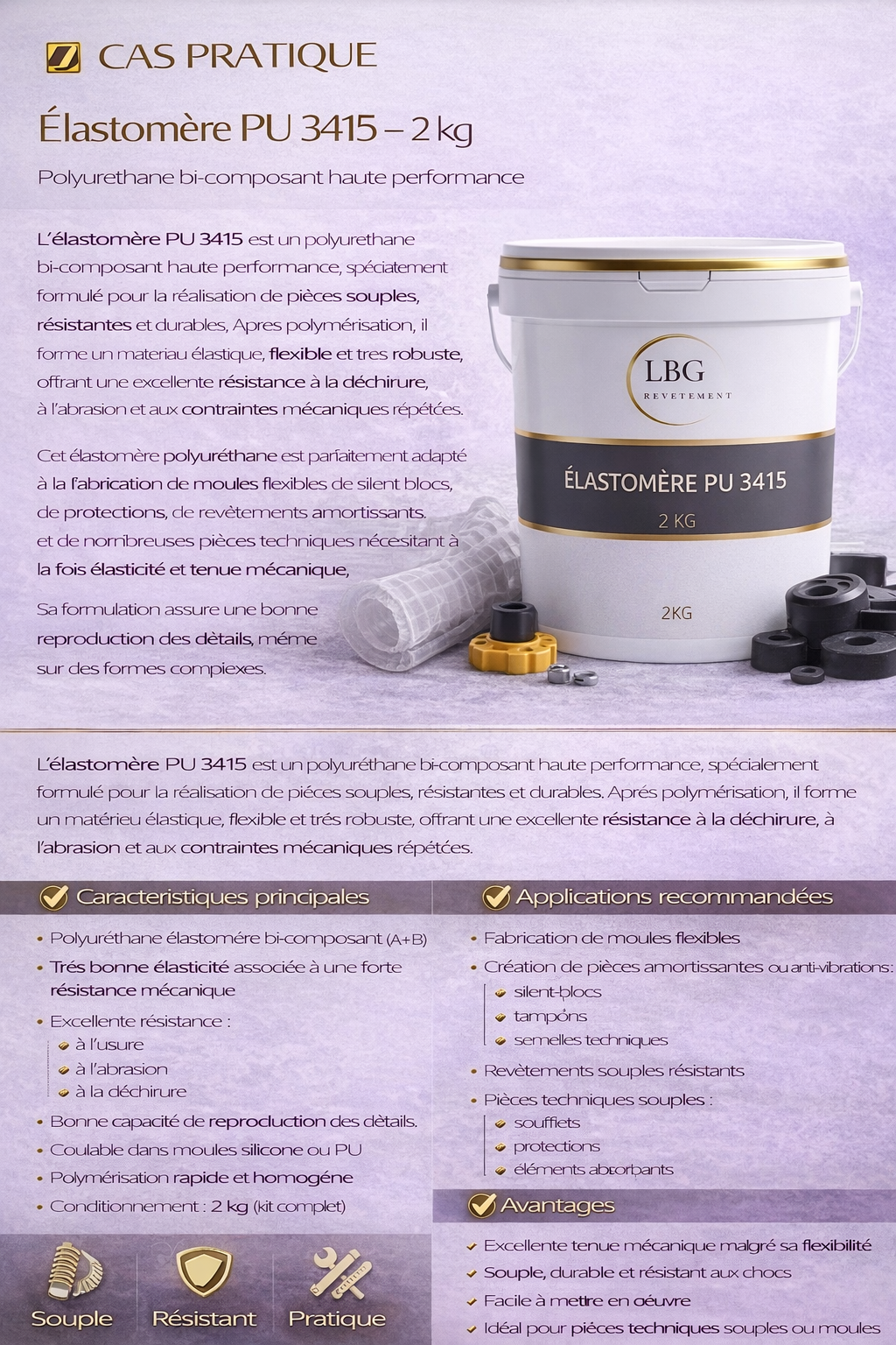 Élastomère PU 3415 – Polyuréthane bi-composant souple et résistant 2 kg lbgrevetement