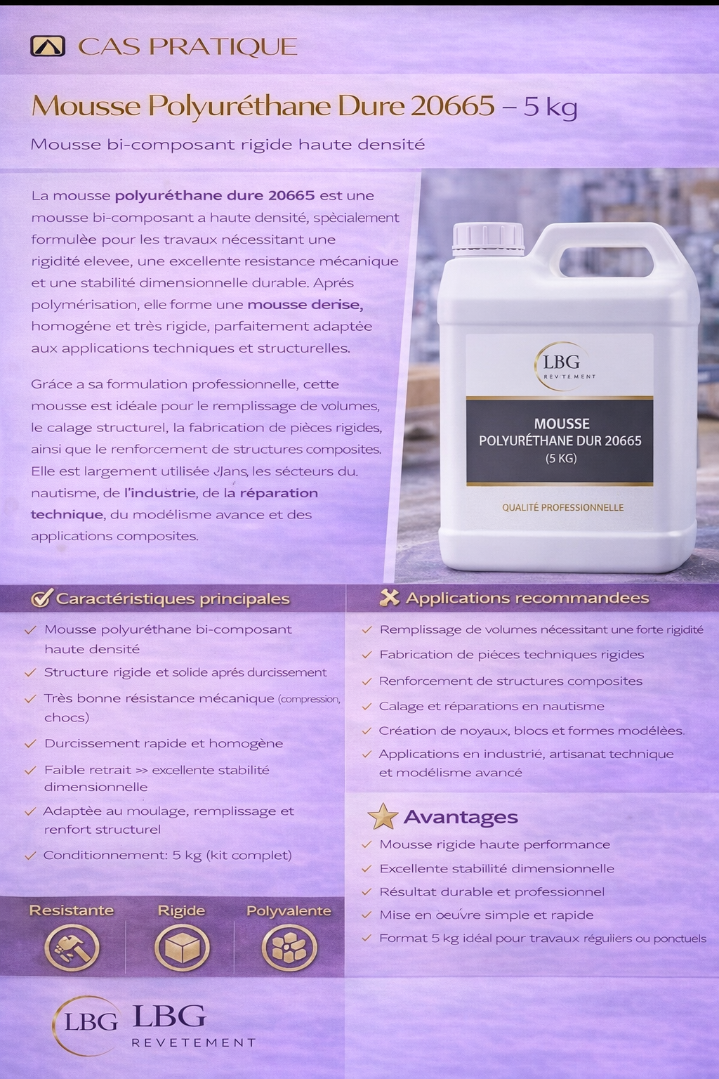 Mousse Polyuréthane Dure 20665 Haute Densité – Moulage & Remplissage Structurel – 5 kg