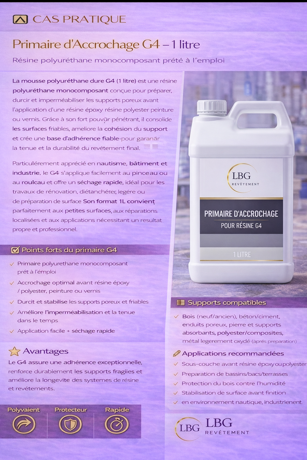 Primaire d’accrochage G4 – Résine polyuréthane 1L pour bois, béton & supports poreux lbgrevetement
