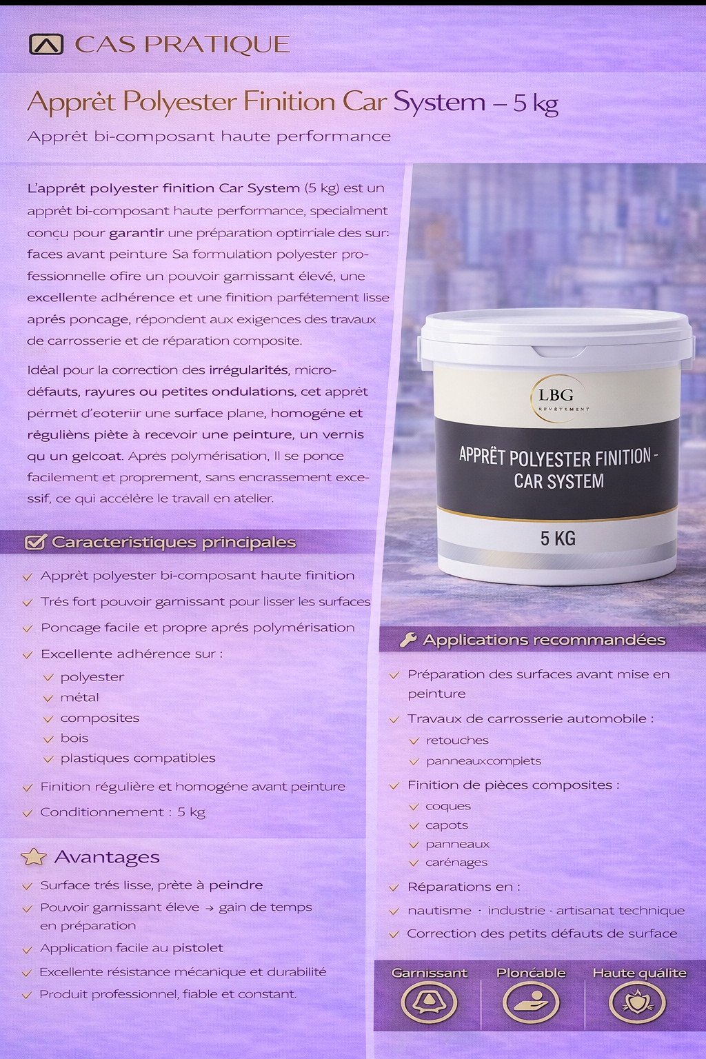 Apprêt polyester finition Car System – Fort pouvoir garnissant & surface lisse – 5 kg