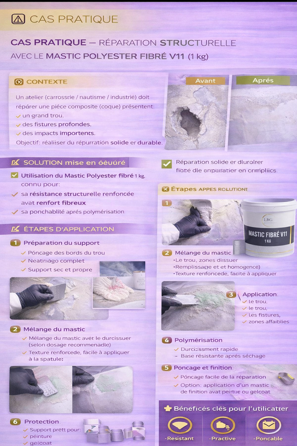 Mastic polyester fibré V11 – Réparation structurelle renforcée fibres – 1 kg