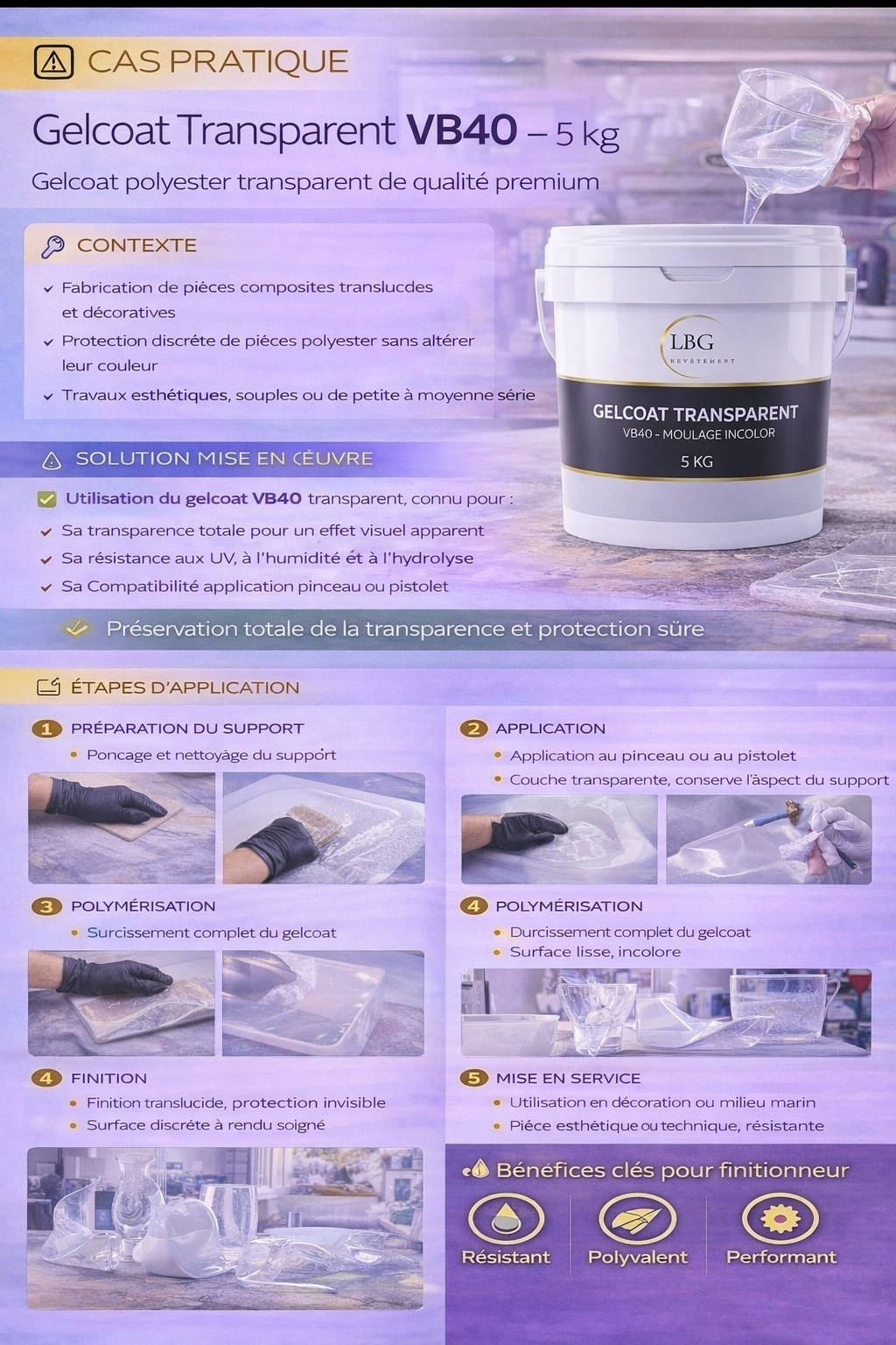 Gelcoat transparent VB40 – Gelcoat polyester incolore pour moulage et finition – 5 kg
