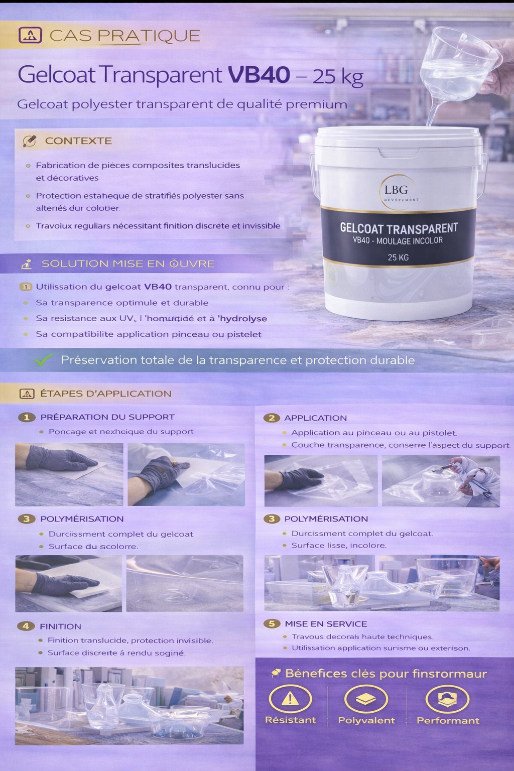 Gelcoat transparent VB40 – Gelcoat polyester incolore pour moulage et finition – 25 kg