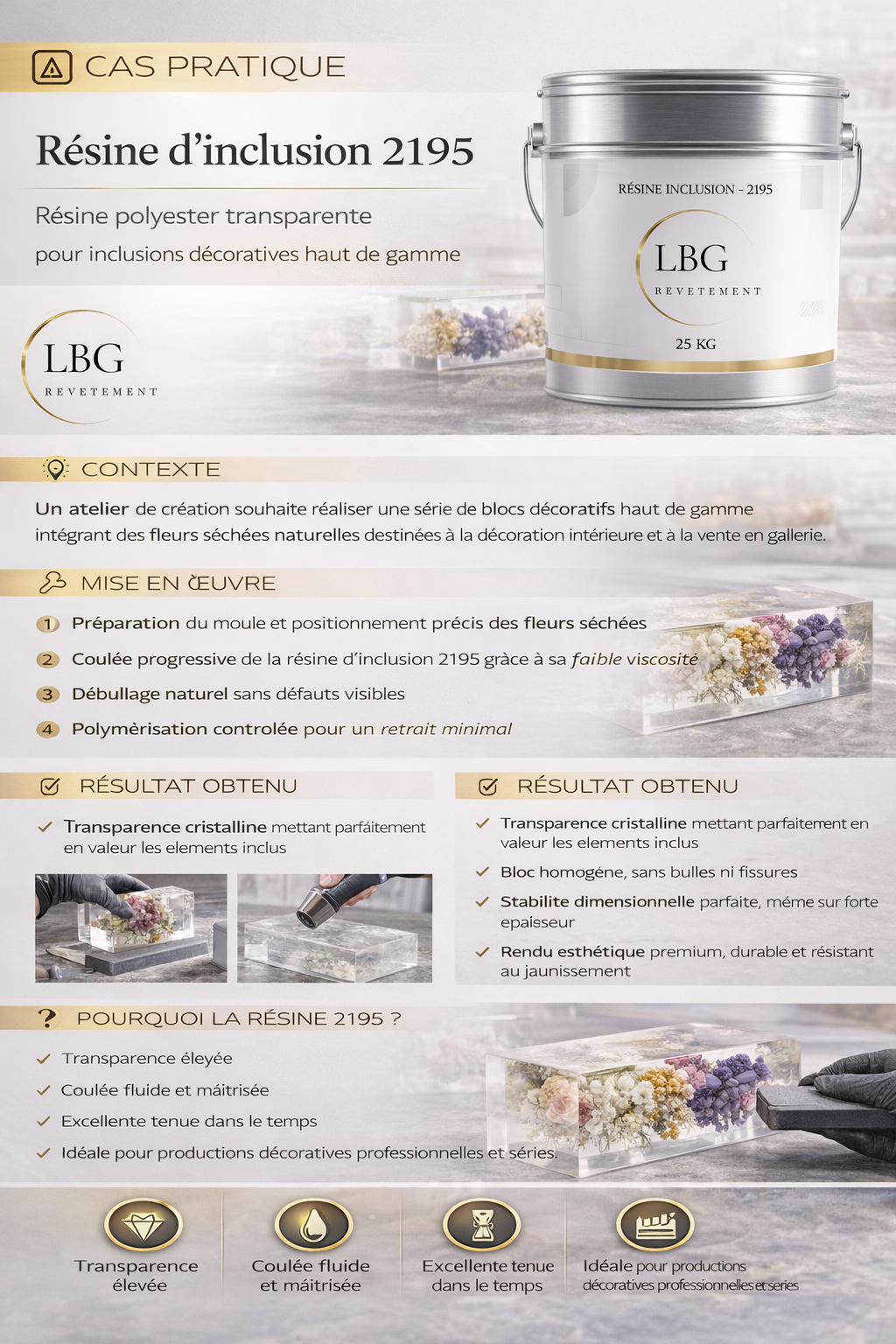 Résine d’inclusion polyester 2195 transparente – Inclusions décoratives & coulées esthétiques – 25 kg lbgrevetement
