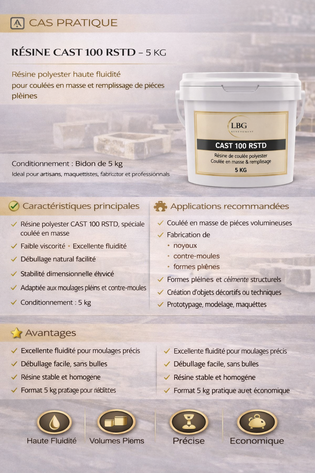 Résine de coulée polyester CAST 100 RSTD – Coulée en masse & remplissage – 5 kg