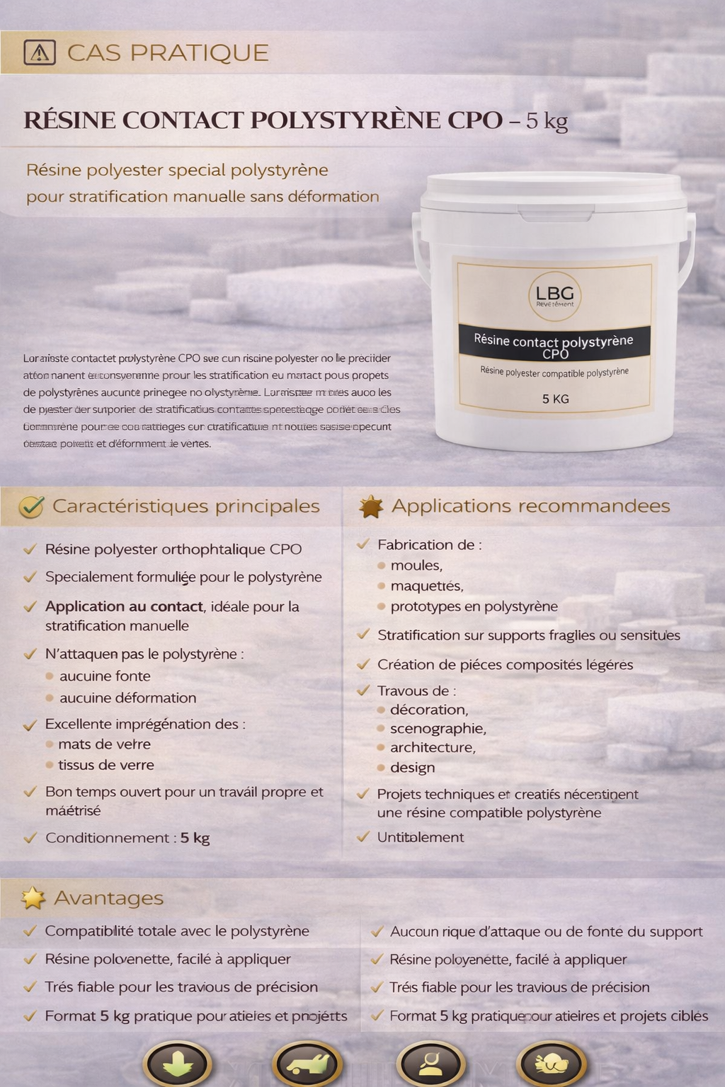 Résine contact polystyrène CPO – Résine polyester compatible polystyrène – 5 kg