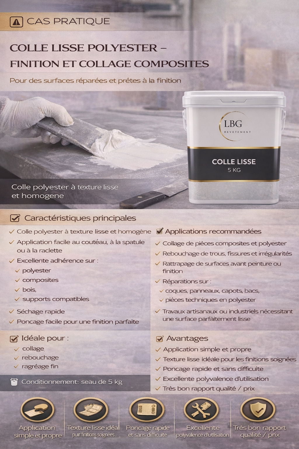 Colle lisse polyester 5 kg – Collage, ragréage et finition composites