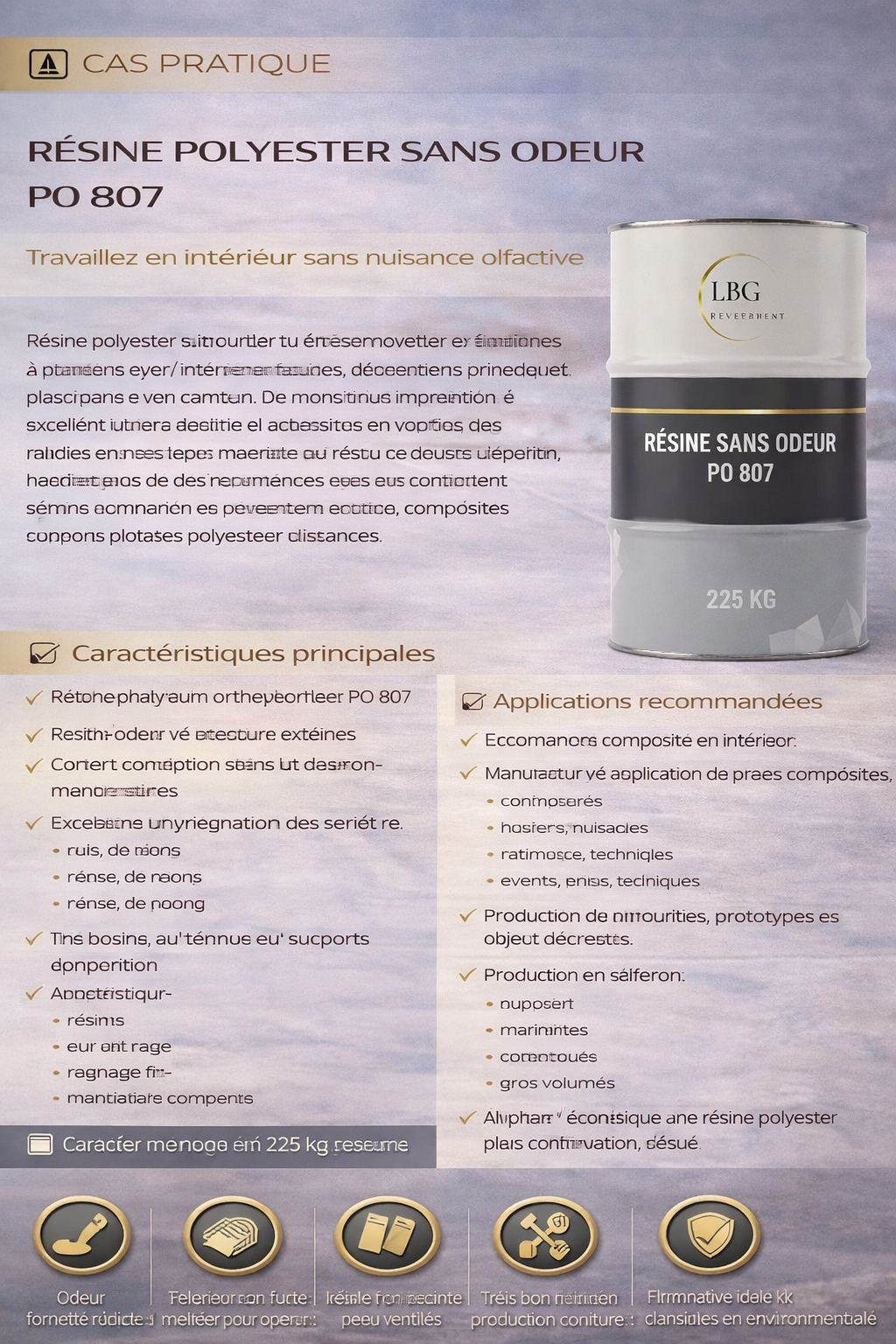 Résine polyester sans odeur PO 807 – Stratification composite intérieure – Fût 225 kg