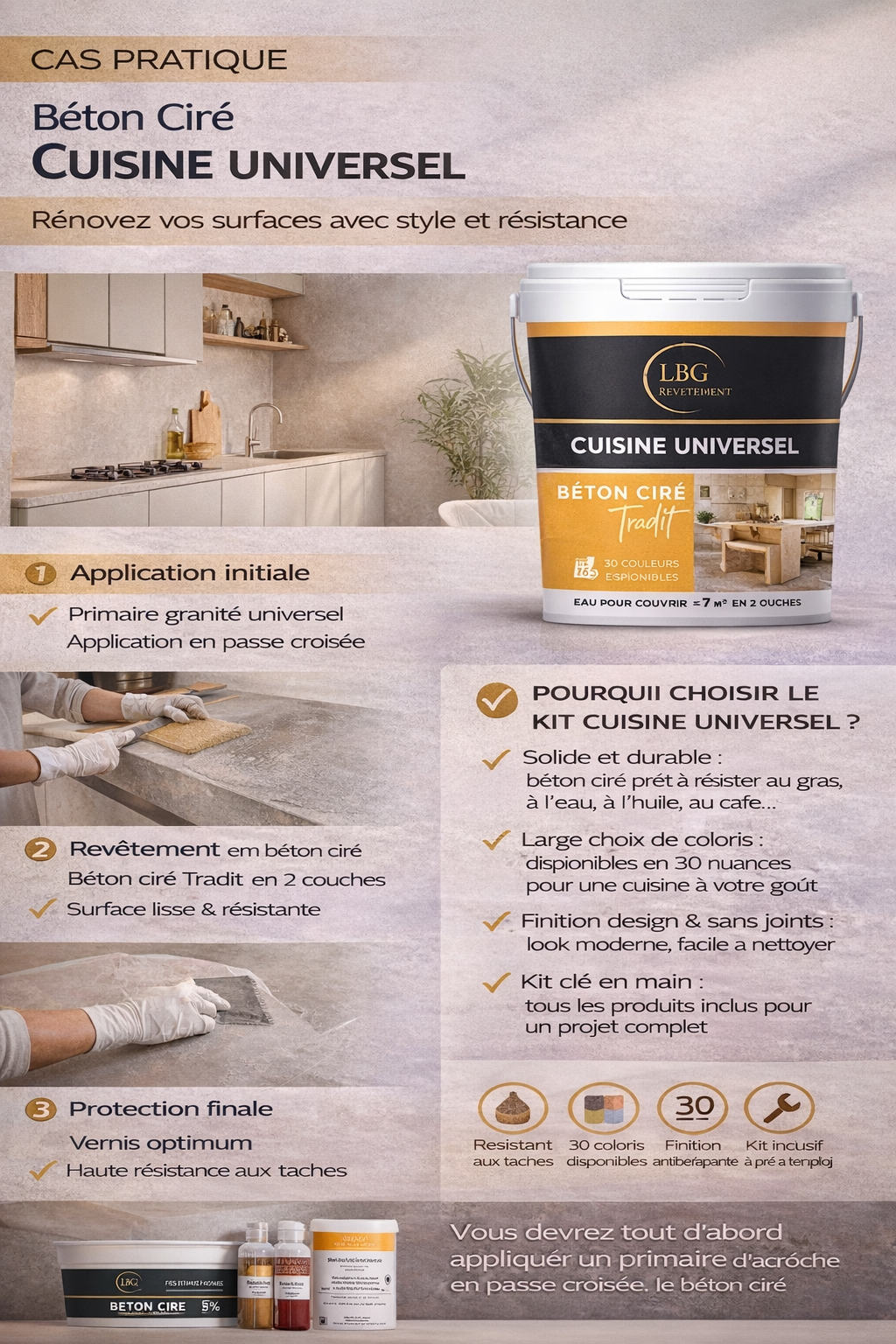 Béton ciré cuisine – Kit universel complet pour sol, murs, crédence et plan de travail