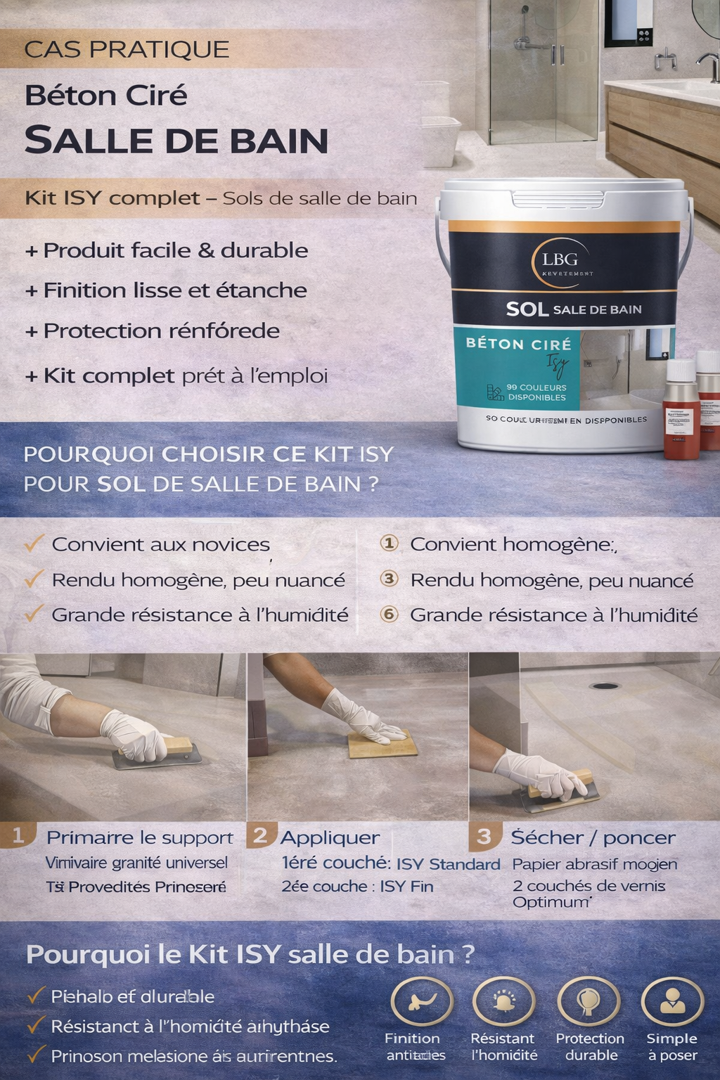 Béton ciré ISY sol salle de bain – Kit complet étanche, facile à poser, finition lisse lbgrevetement
