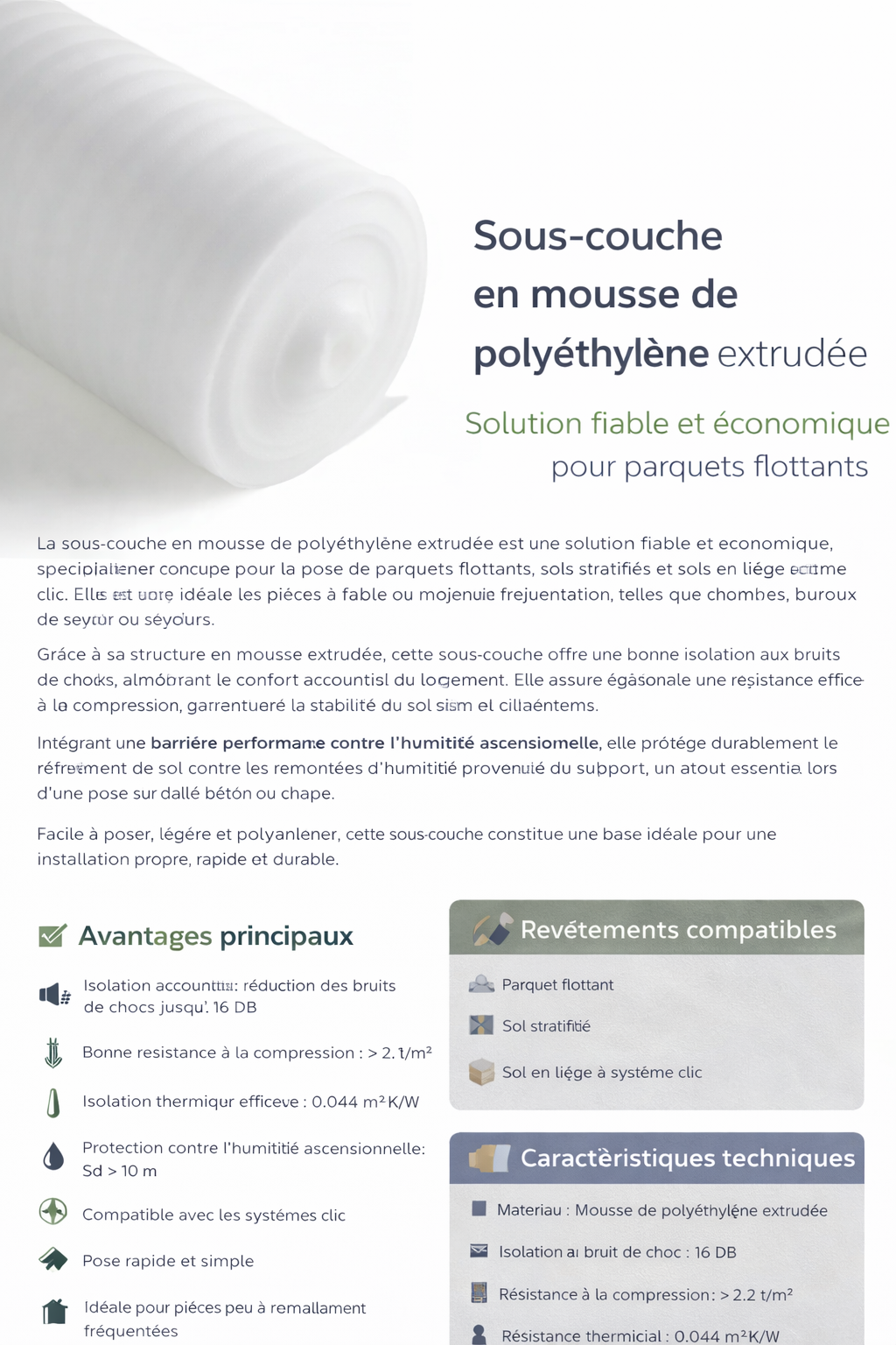 Sous-couche parquet en mousse polyéthylène extrudée – Isolation phonique et protection contre l’humidité 2 mm lbgrevetement