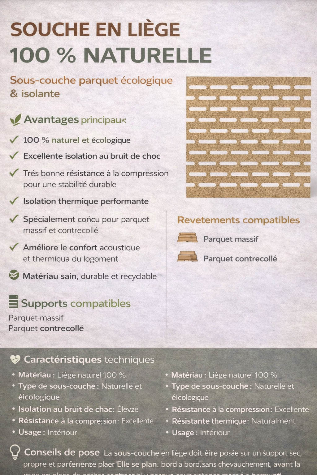 Sous-couche parquet en liège 100 % naturel – Isolation phonique et thermique pour parquet massif et contrecollé lbgrevetement