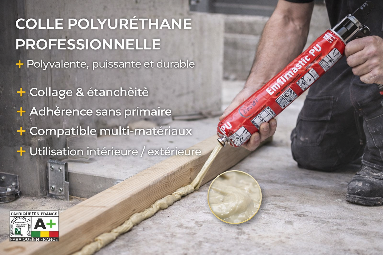 Colle polyuréthane professionnelle multi-matériaux – Bois, bâtiment et joints d’étanchéité