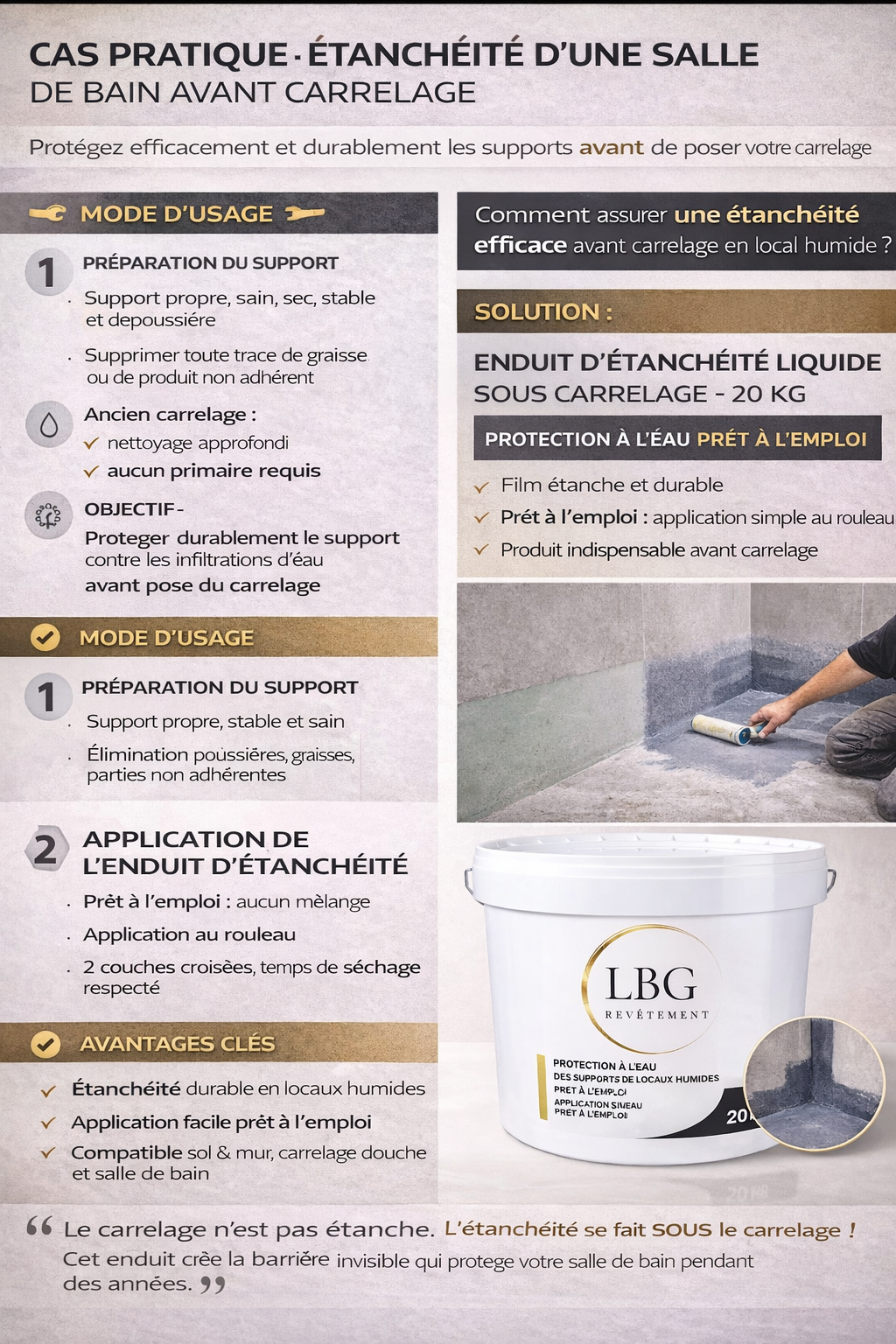 Enduit d’étanchéité liquide sous carrelage – Protection à l’eau prêt à l’emploi – 20 kg