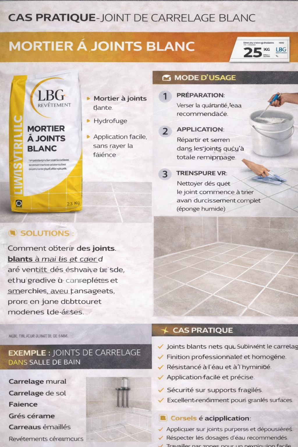 Mortier à joints blanc pour carrelage 1 à 6 mm – Hydrofuge, finition lisse – Sac 25 kg lbgrevetement