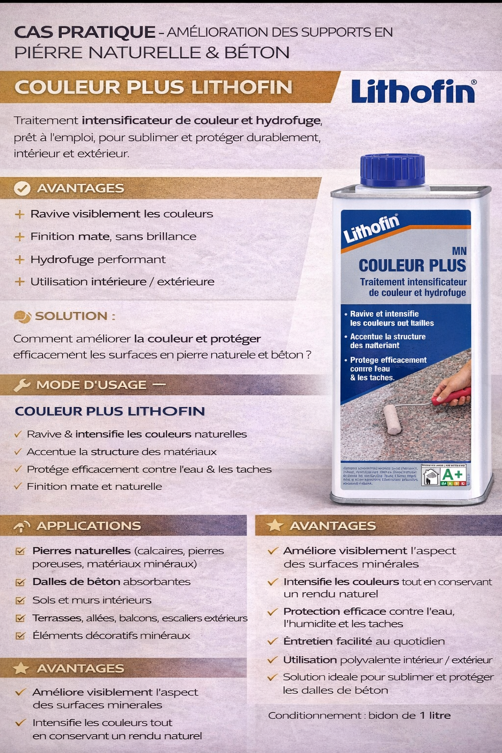 Hydrofuge intensificateur de couleur pour pierres naturelles et dalles béton – Finition mate – 1 L