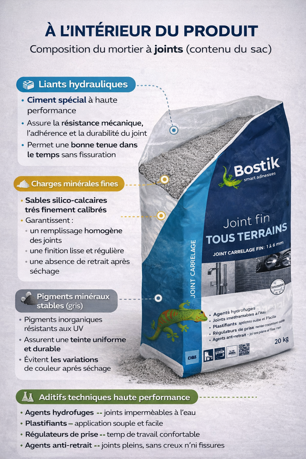 Mortier joint carrelage gris hydrofuge – Joints fins 1 à 6 mm – Sols & plaquettes de parement