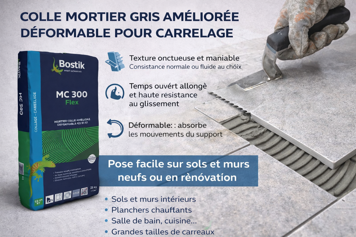Colle mortier carrelage grise déformable premium C2S – Temps ouvert allongé – Plancher chauffant – 25 kg lbgrevetement