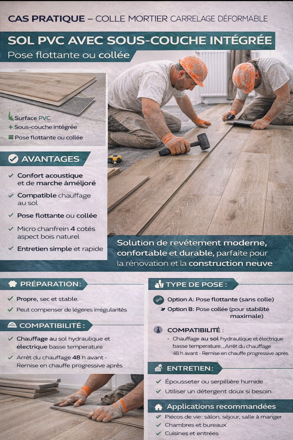 Sol PVC avec sous-couche intégrée – Compatible chauffage au sol – Pose flottante ou collée lbgrevetement