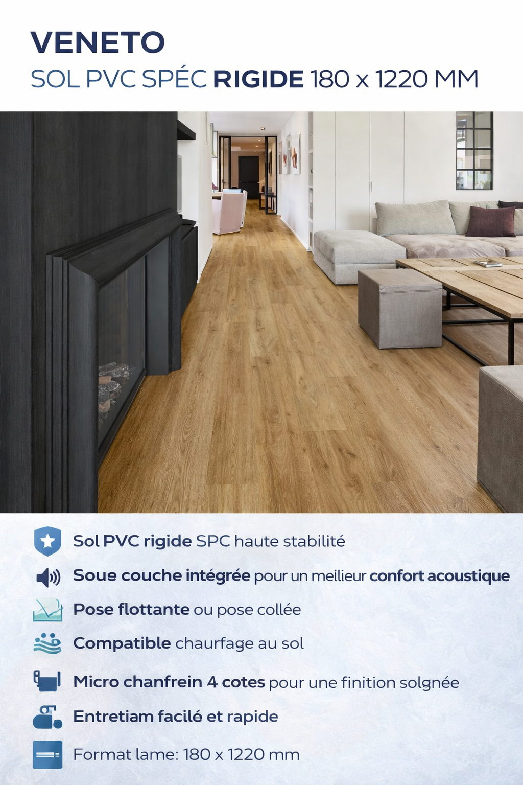Sol PVC SPC Veneto 180x1220 mm – Sous-couche intégrée, pose flottante ou collée, compatible chauffage au sol lbgrevetement