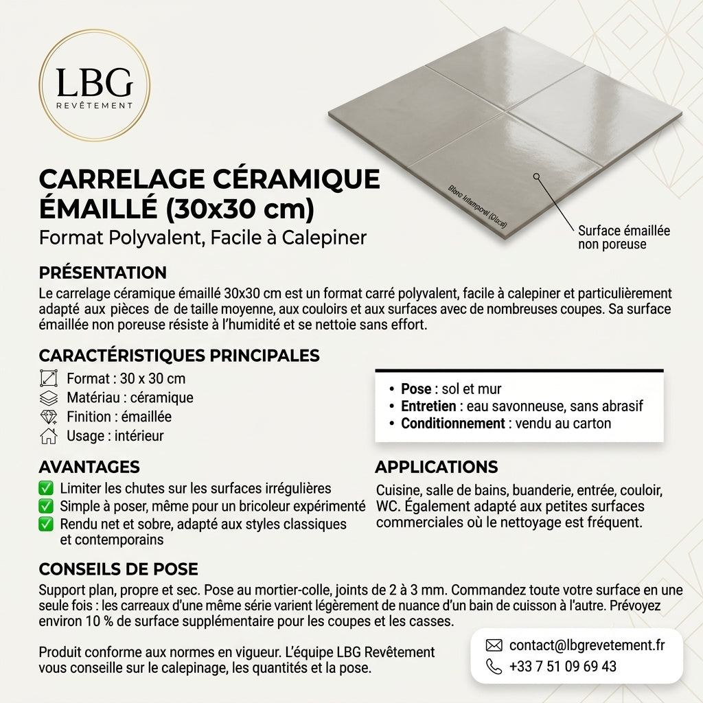 Carrelage Céramique Émaillé 30x30 cm - Élégance et Durabilité Assurée lbgrevetement