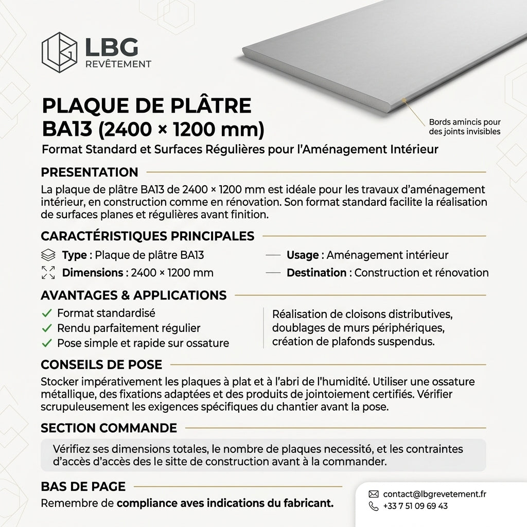 Plaque de plâtre BA13 2400 × 1200 mm lbgrevetement