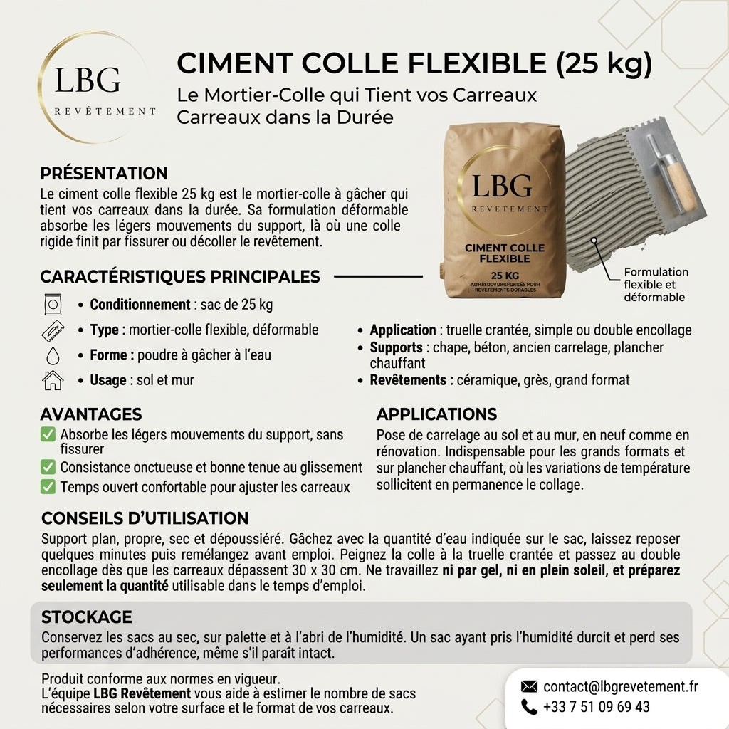 Ciment Colle Flexible 25 kg - Adhésion Renforcée pour Revêtements Durables lbgrevetement