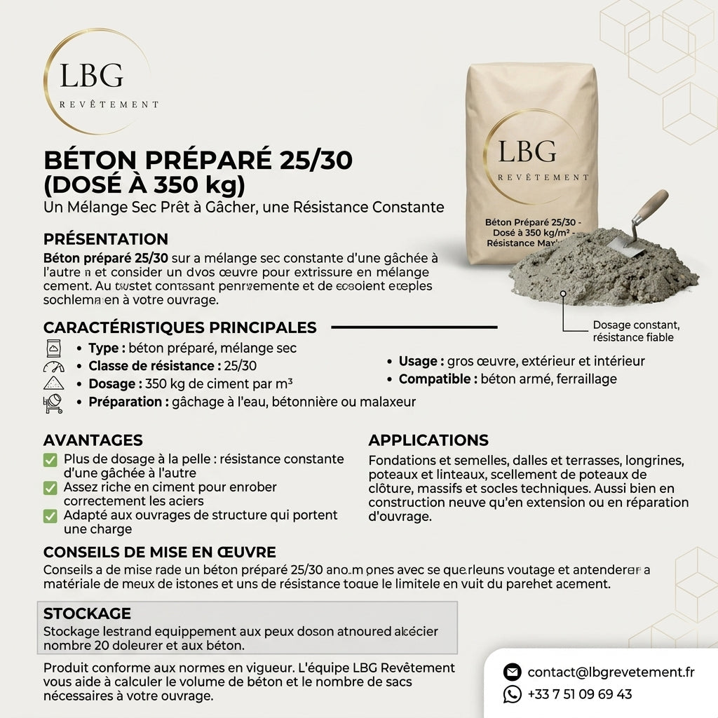 Béton Préparé 25/30 Dosé à 350 kg - Résistance Maximale pour vos Projets de Construction lbgrevetement