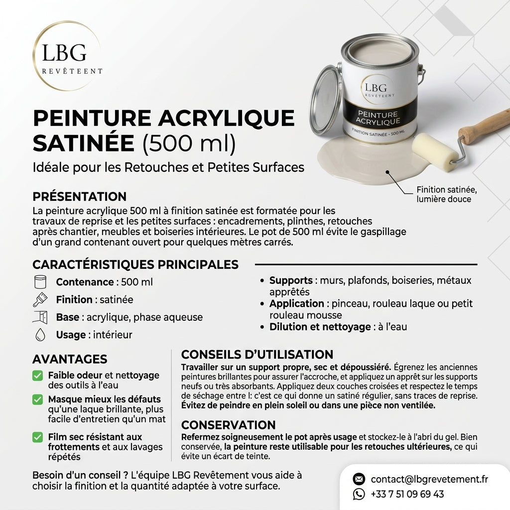 Peinture Acrylique 500 ml - Finition Satinée et Protection Durable lbgrevetement