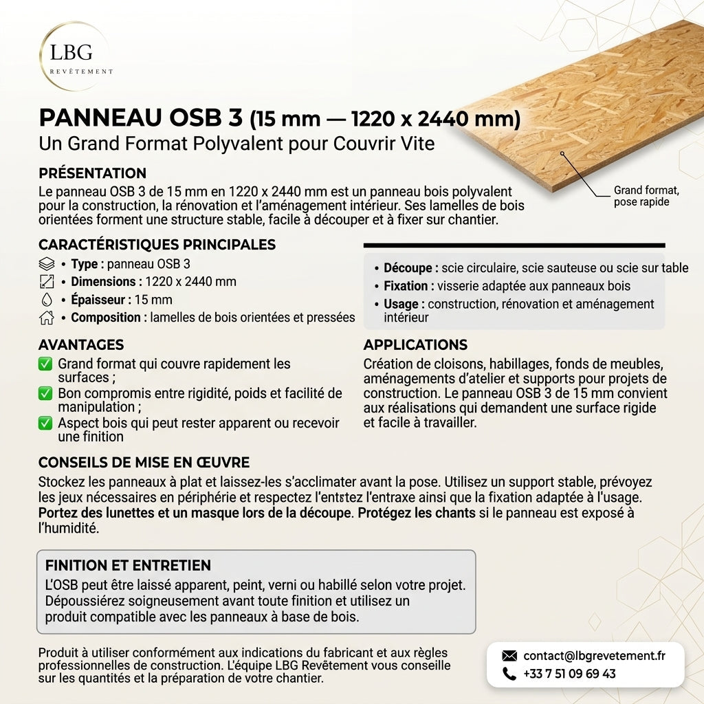 Panneau OSB 3 15 mm 1220 x 2440 mm - Solution Durable et Polyvalente lbgrevetement