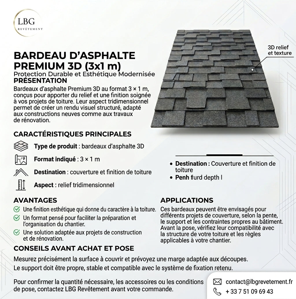 Bardeaux d'Asphalte Premium 3D 3x1m - Protection Durable et Esthétique Modernisée lbgrevetement